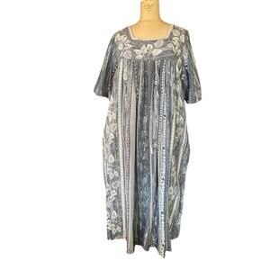 Vermont Country Store Lounger Dress Gray Leaves Print Square Neck XL